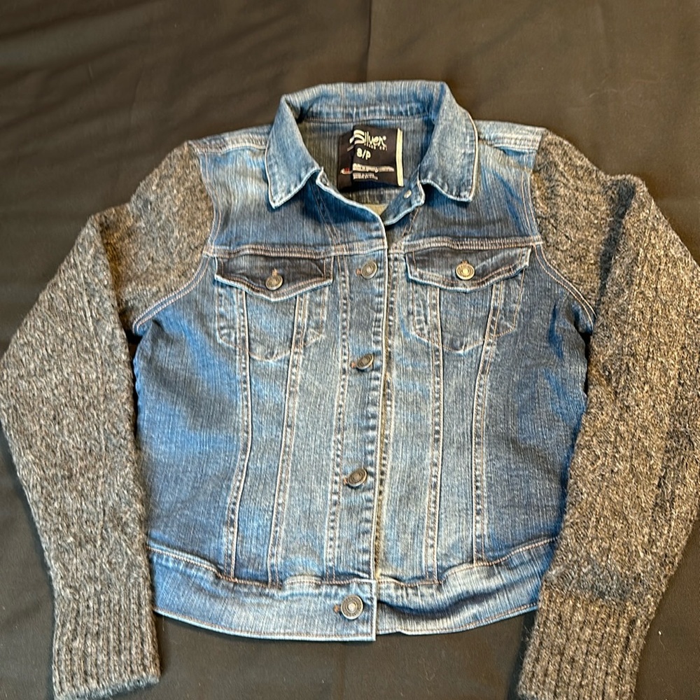 Silver Jeans Co. Vintage Denim Jean Jacket Cable Knit Sweater Sleeves Small NWT